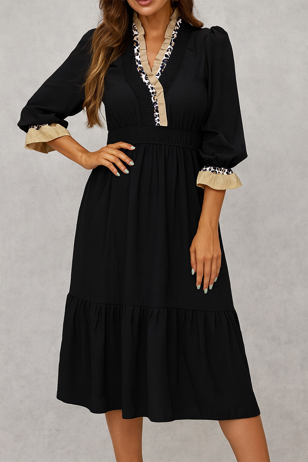 Black Leopard Frilled Midi Dress FB