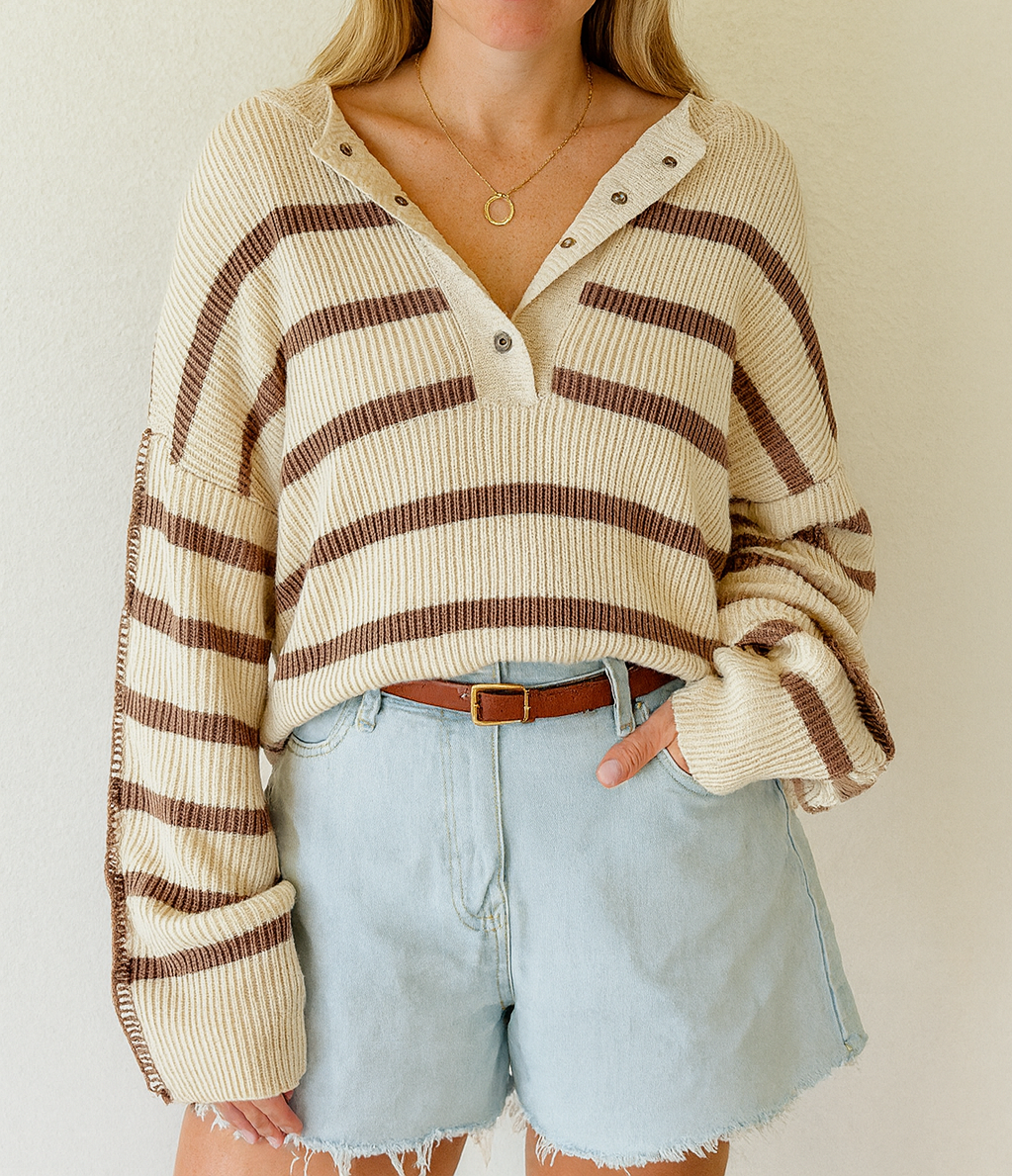 Brown Stripe Ribbed Henley Sweater LT