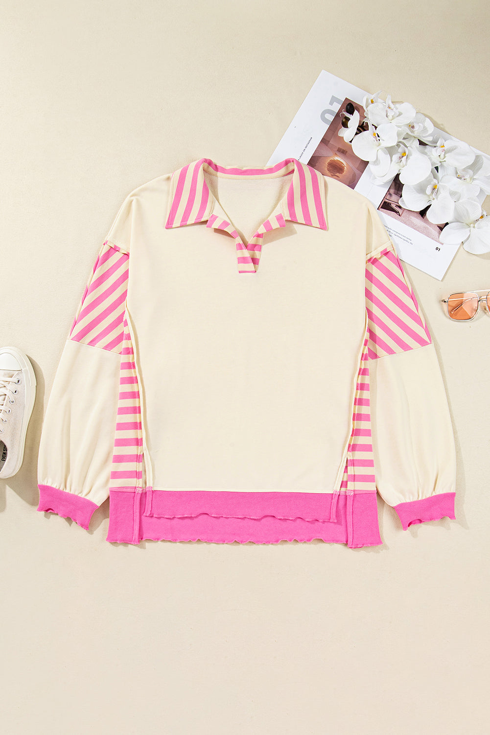 Pink Stripe Patchwork Plus Pullover LT