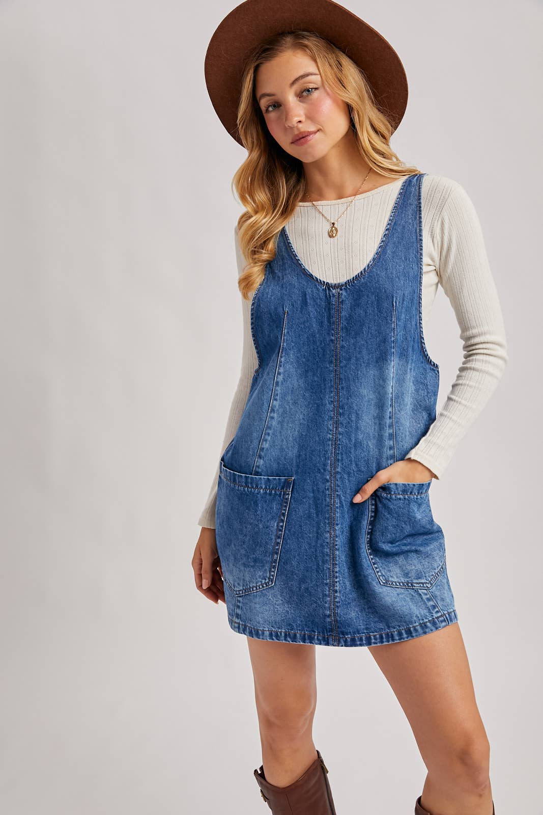 Dezzy Denim Washed Overall Pocket Dress | Light Wash