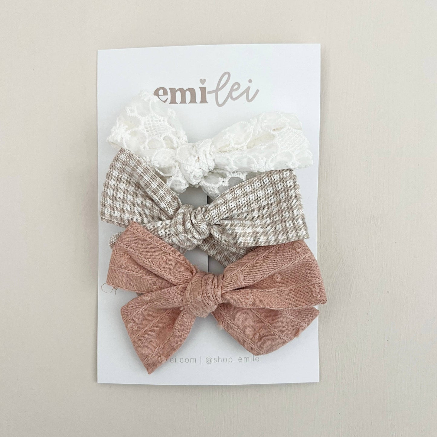 Alligator Clip Bow Set of 3 | Cream, Taupe Check + Peach