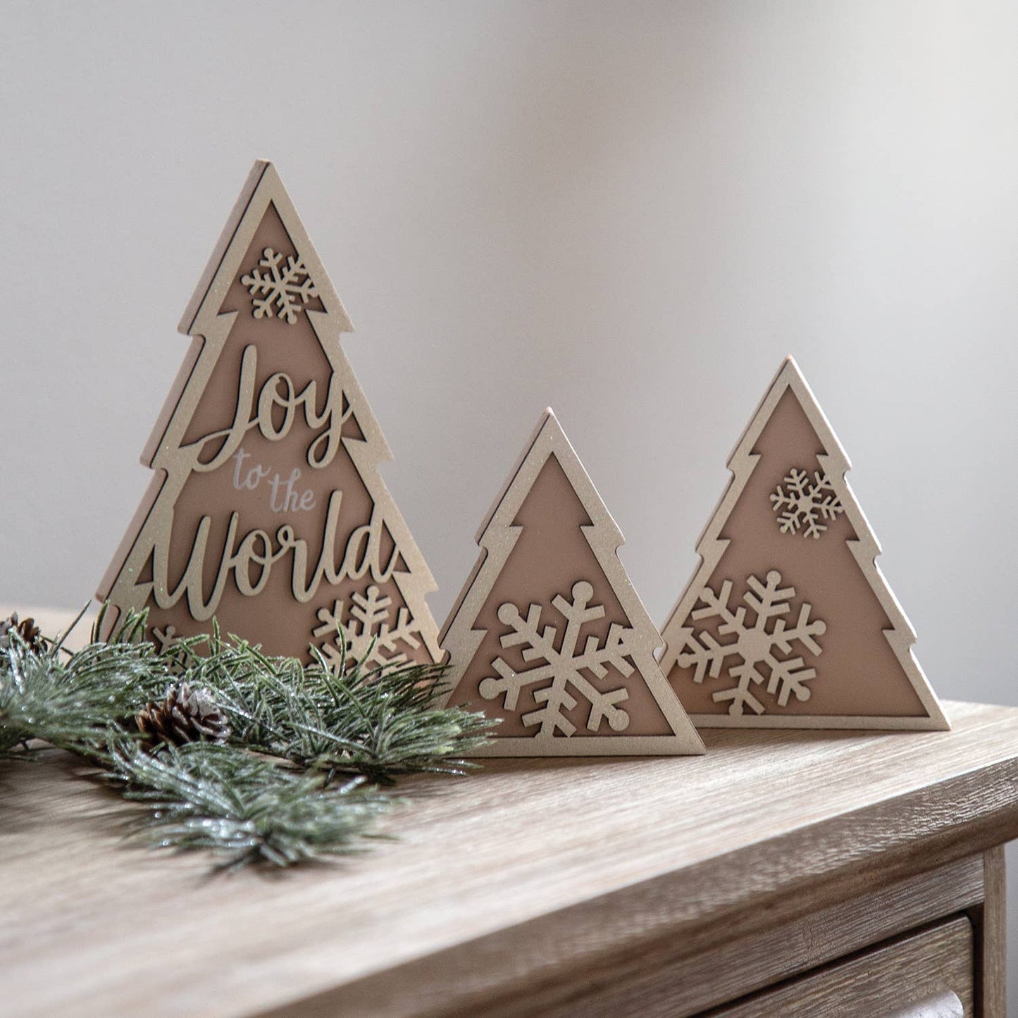 Wooden Joy & Snowflake Christmas Tree Sitters | Set of 3