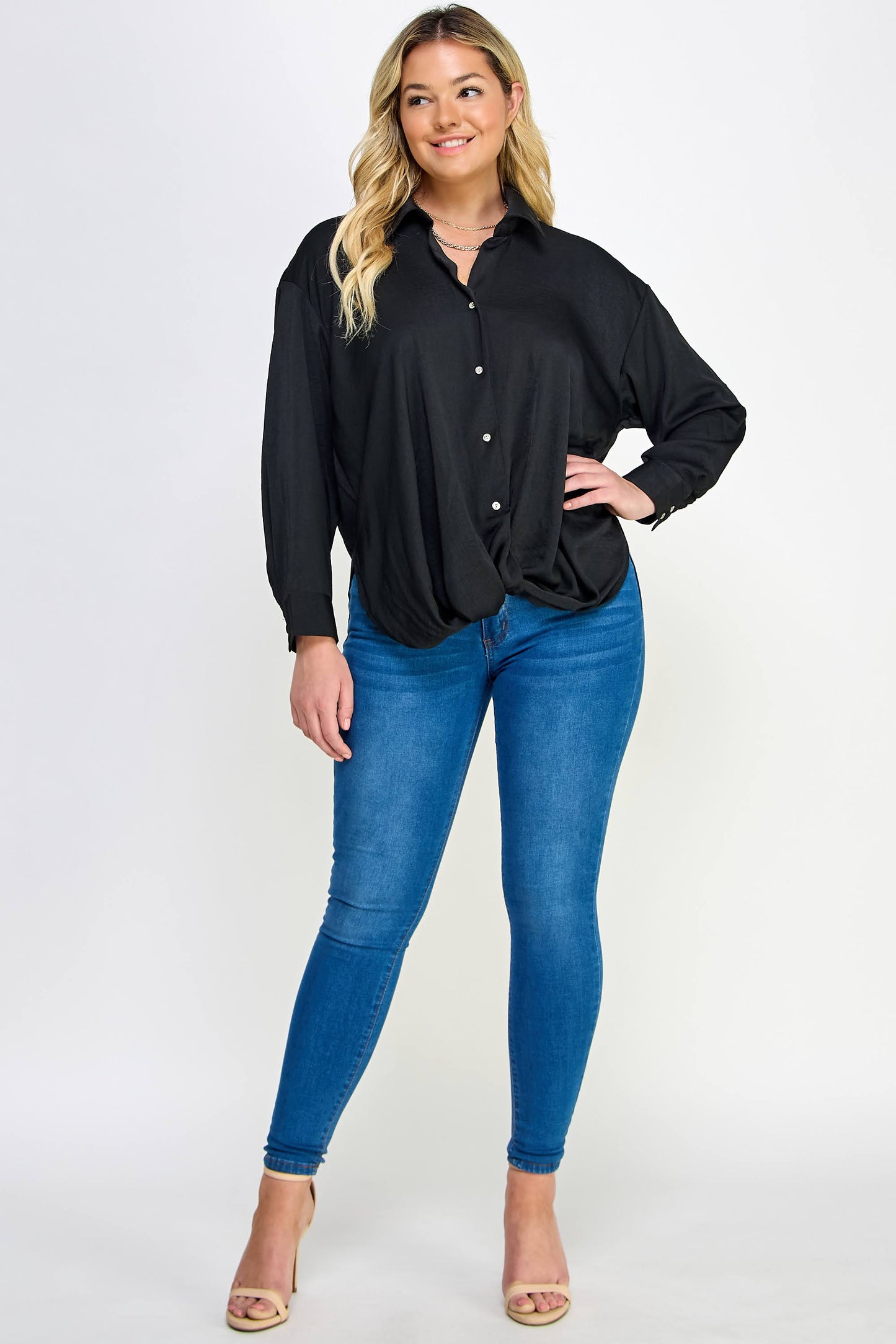 Plus Size Sabrina Satin Twist Front Shirt - Black