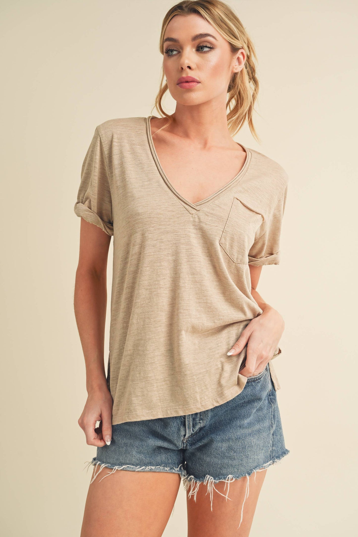 Zoie V-Neck Short Sleeve Top - Oat