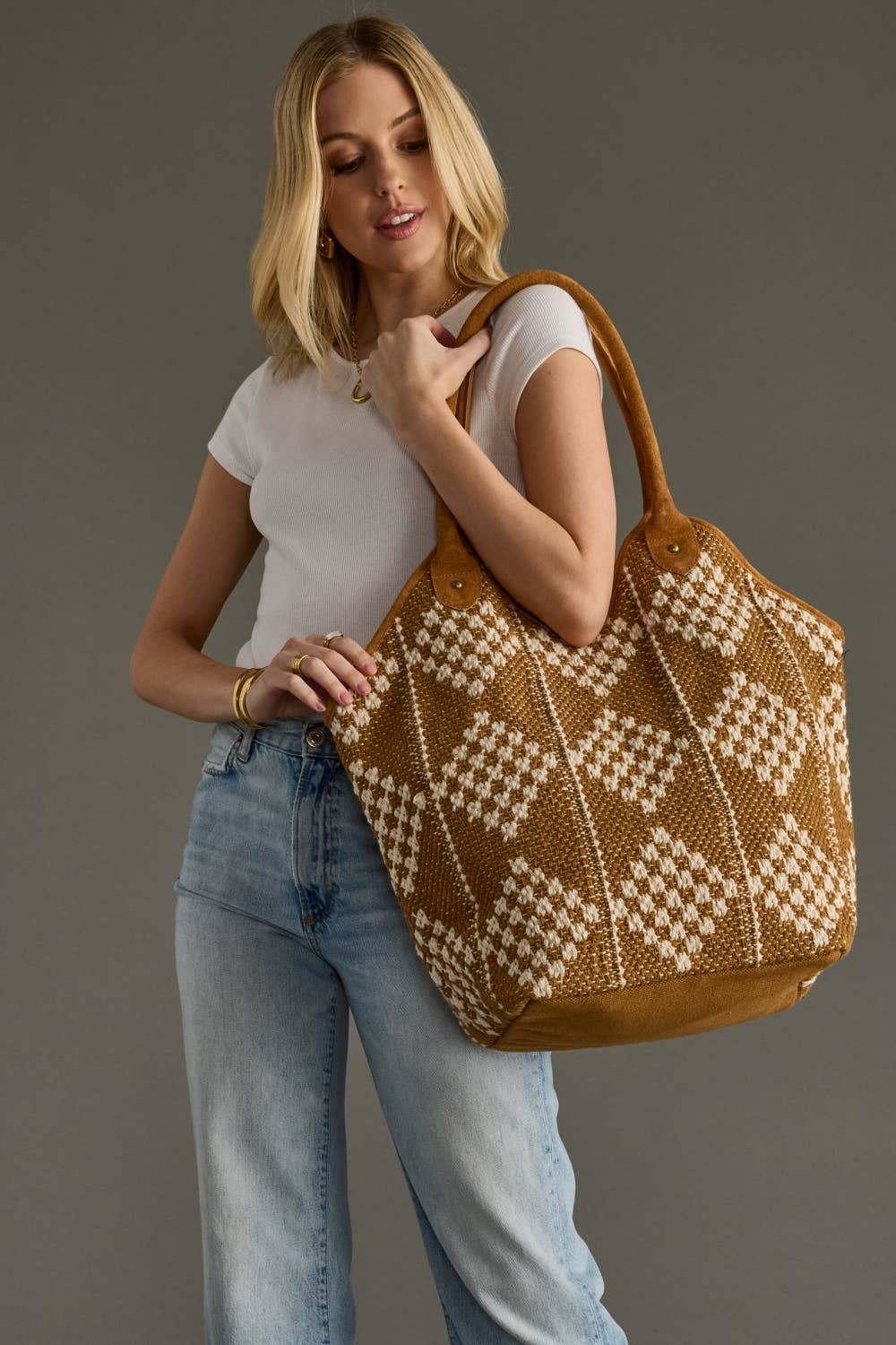 Brown & Cream Diamond Pattern Tote