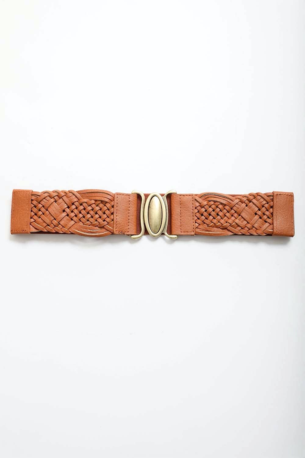 Oval Buckle Braided Elastic Belt | Camel
