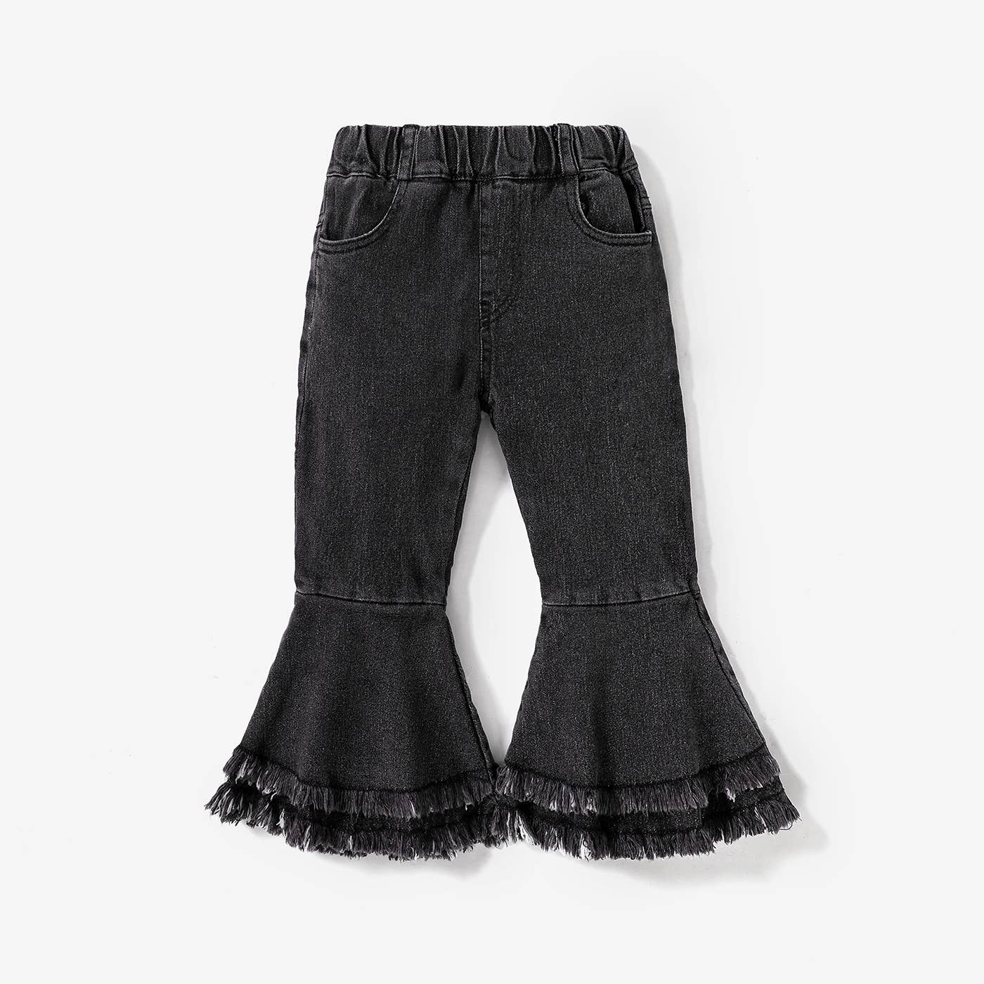 Hayley Girls Sweet Ruffle Edge Bell Bottom Jeans | Black
