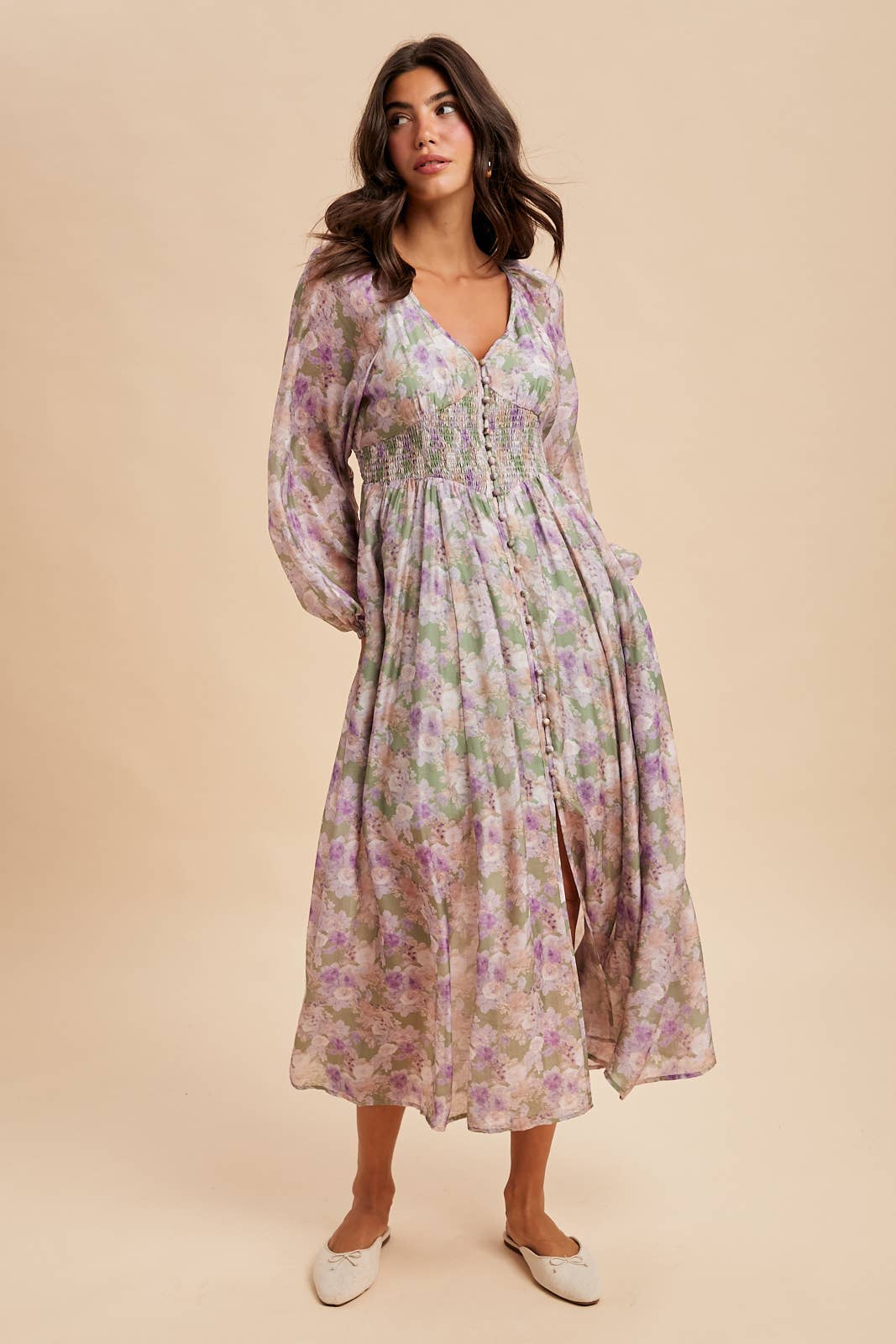 Eliana Floral Smocked Button Down Maxi Dress