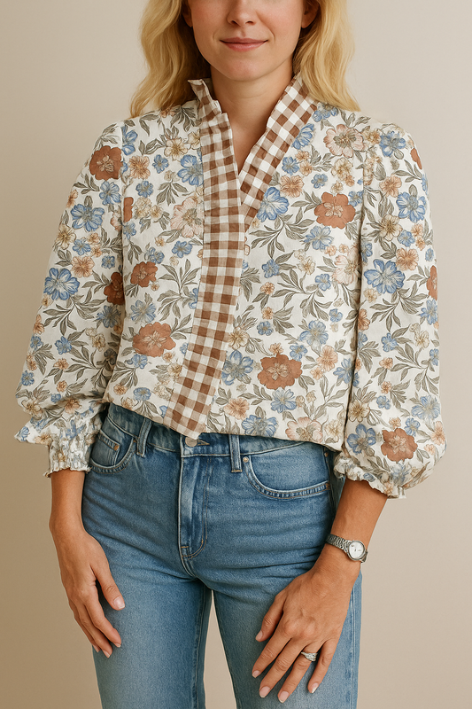 Brown Plaid Trim Floral Blouse FB