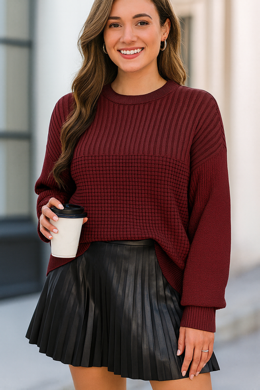 Burgundy Textured Knitted Sweater FB