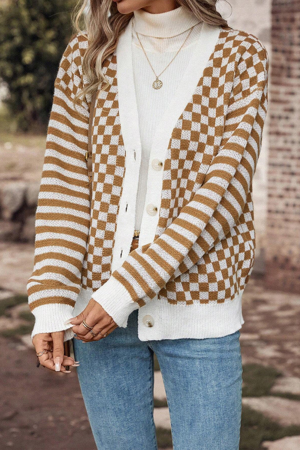 Checkered Striped Sleeve Cardigan FB