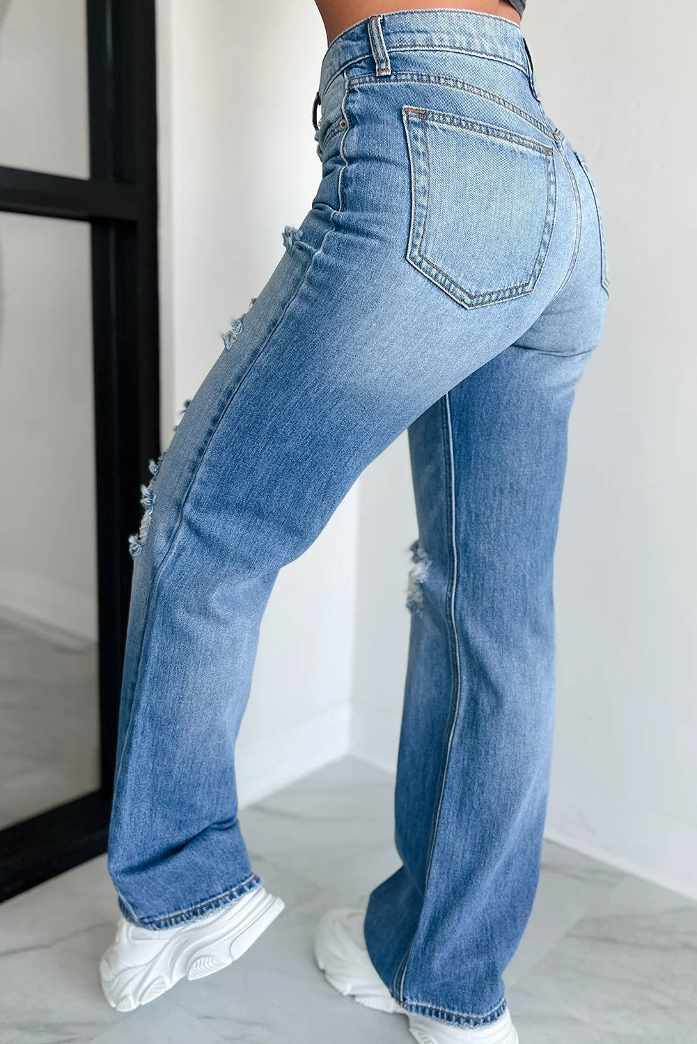 Mid Rise Distressed Straight Jeans LT