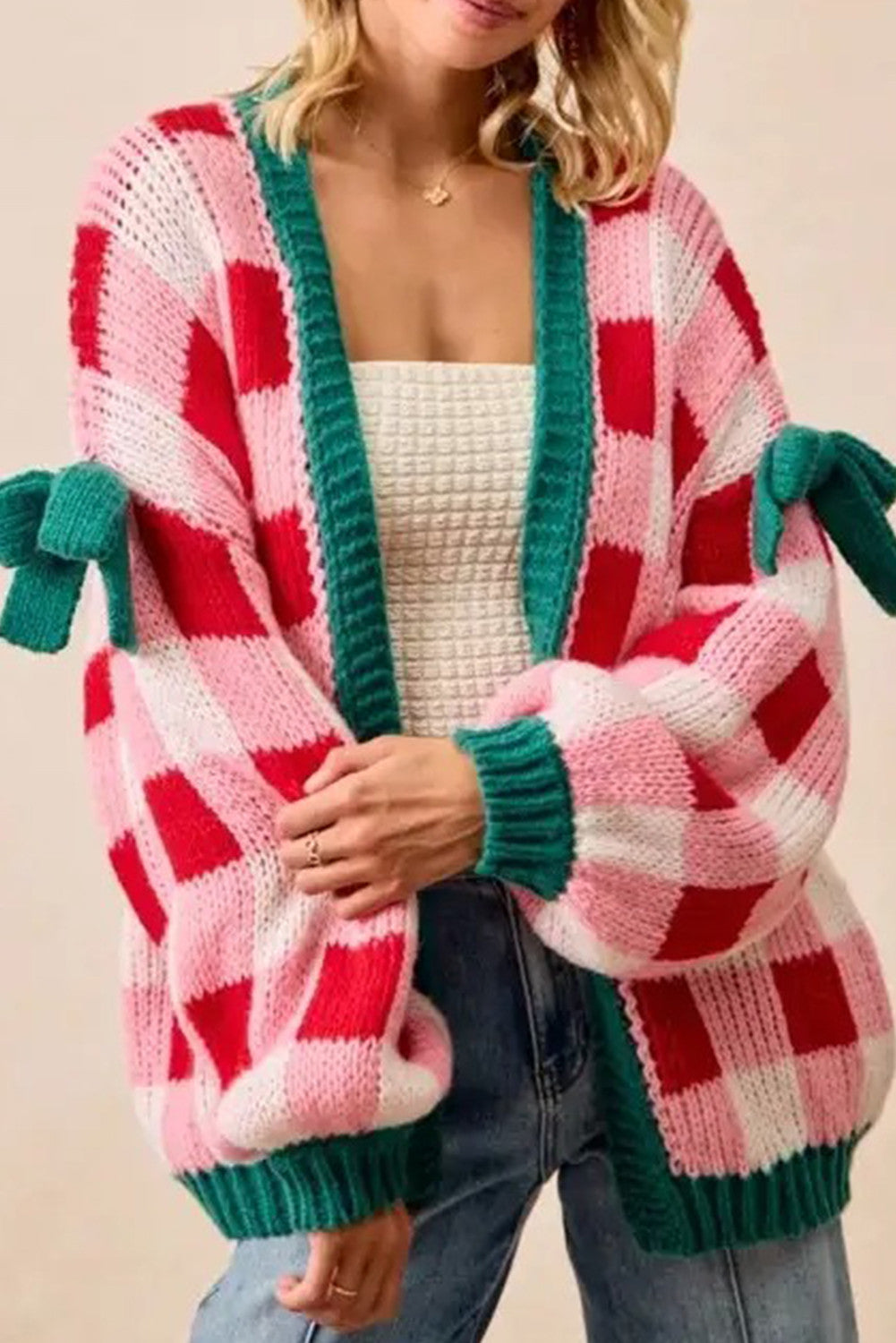 Pink Plaid Bowknot Cardigan LT