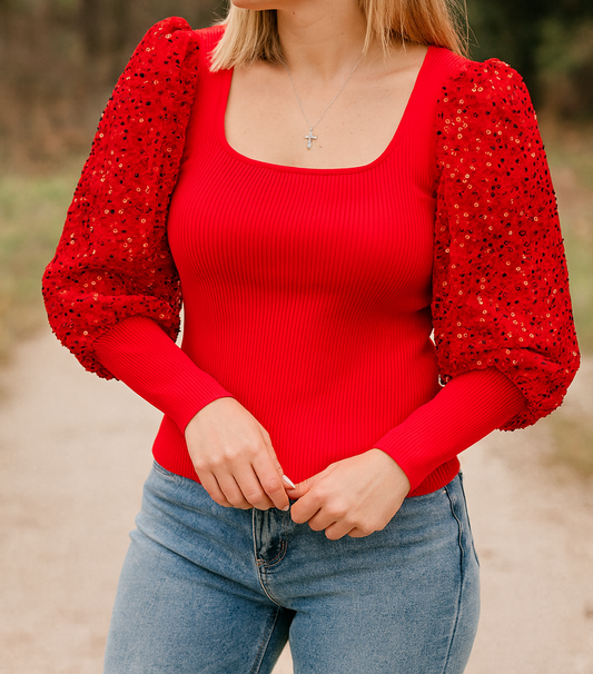 Red Sequin Sleeve Sweater November.