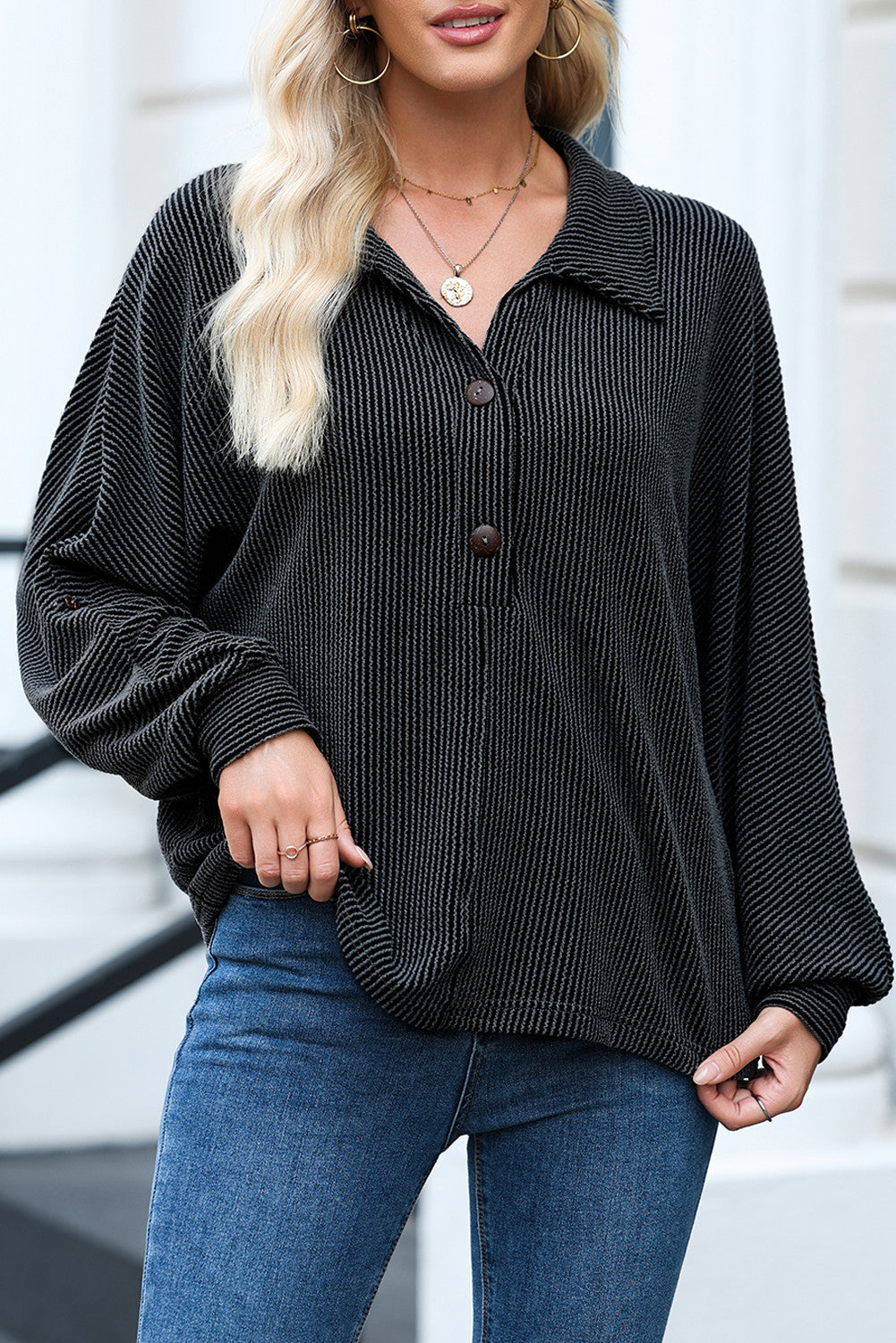 Oversized Ribbed Henley Top FB