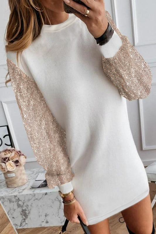 White Sequin Puff Sleeve Dress FB