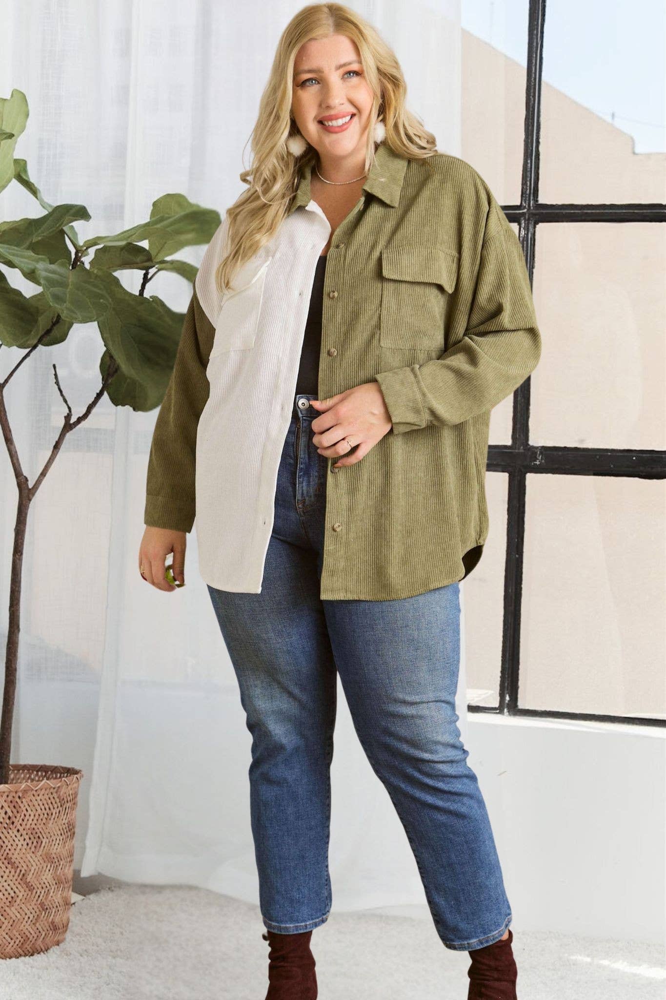 Oakley Plus Size Colorblock Shacket | Olive + White