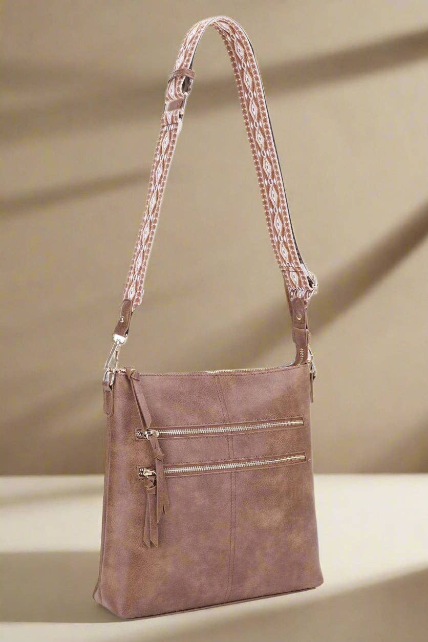 Yeni Double Front Zip Crossbody Bag With Guitar Strap | Black