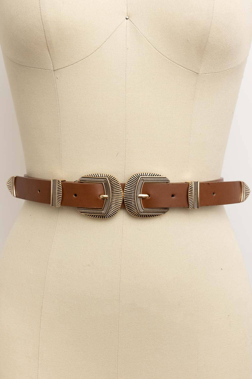 Double Buckle Faux Leather Western Style Belt | Brown