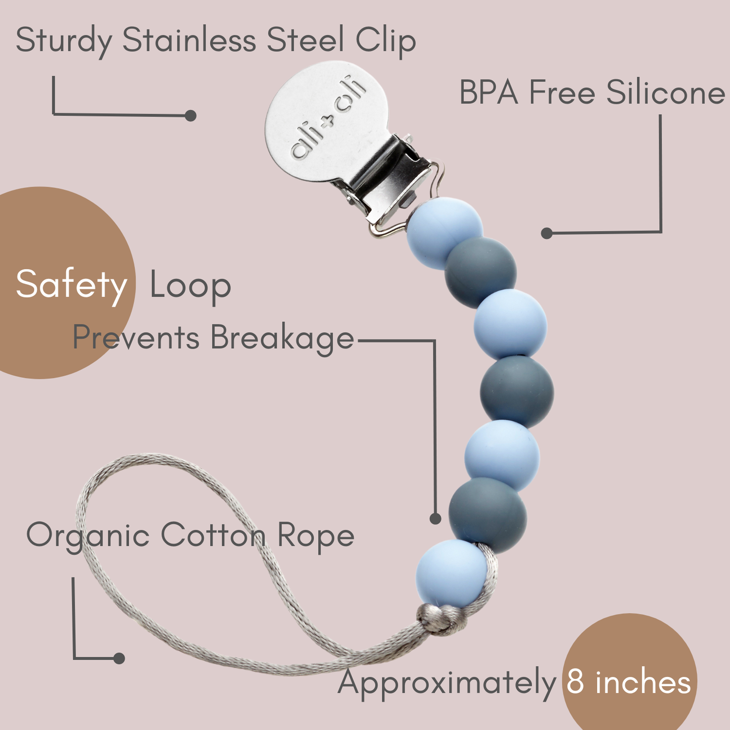 Ali+Oli Silicone Pacifier Clip (Iron)