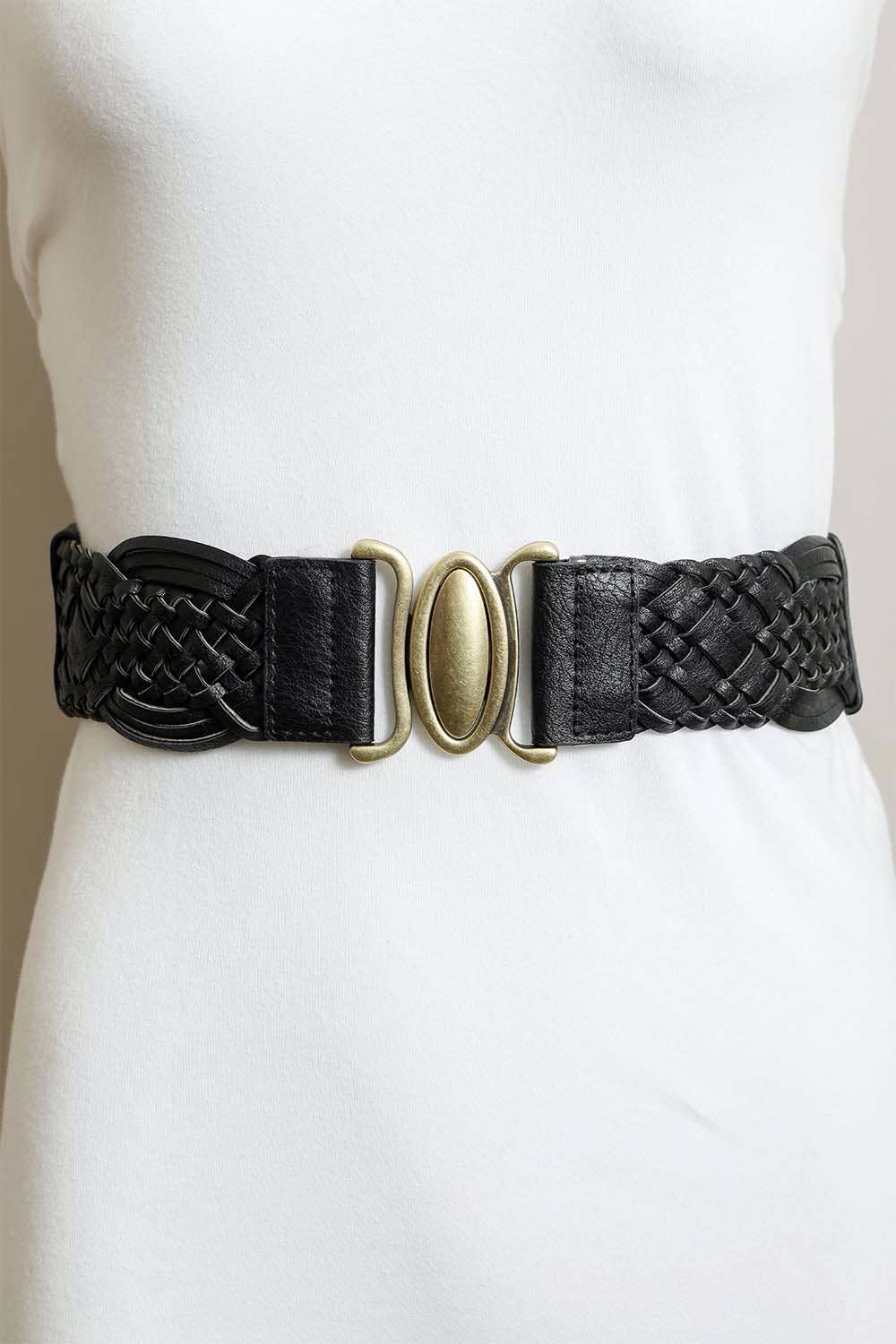 Oval Buckle Braided Elastic Belt | Camel