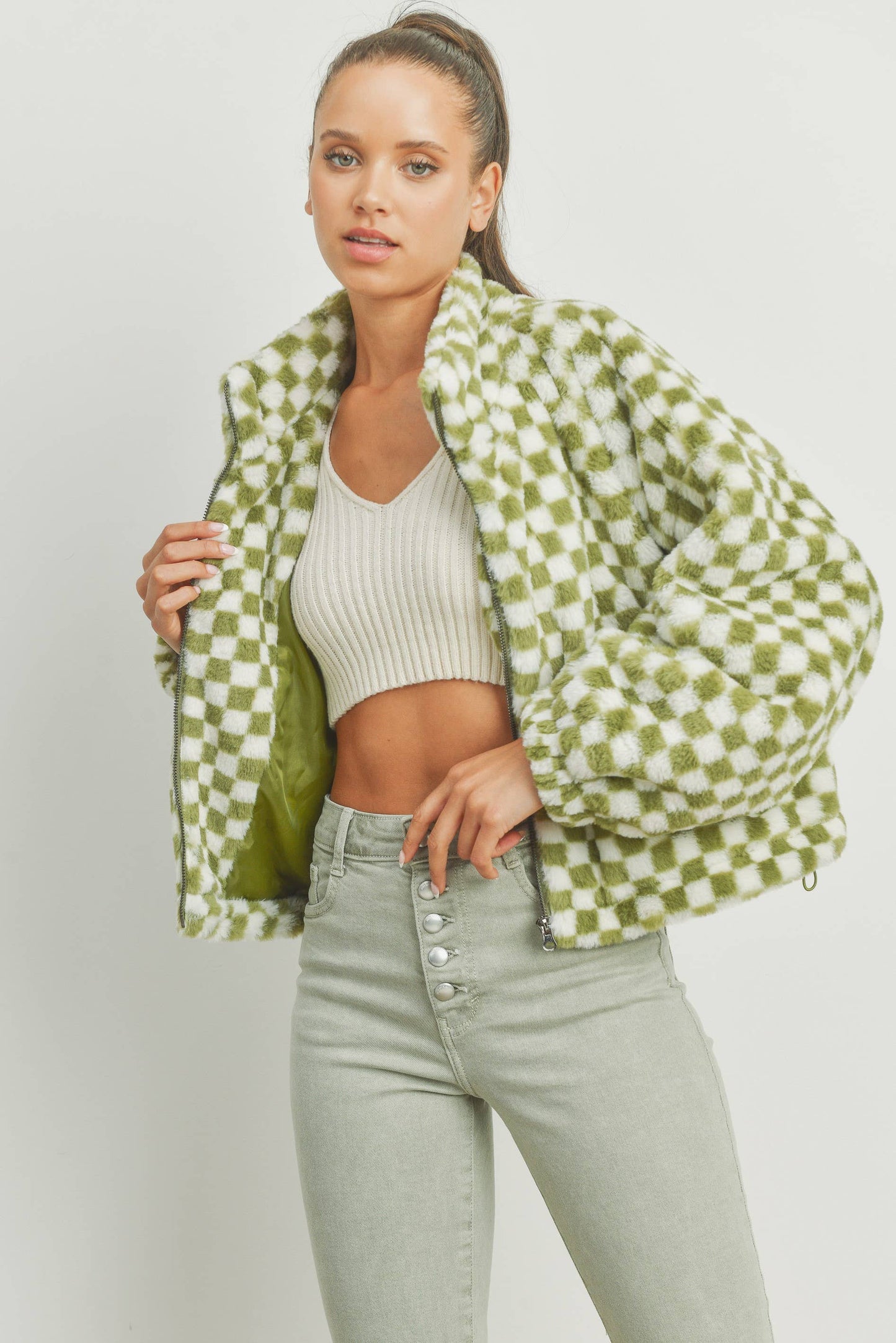 Cozy Checkered Teddy Jacket | TAUPE