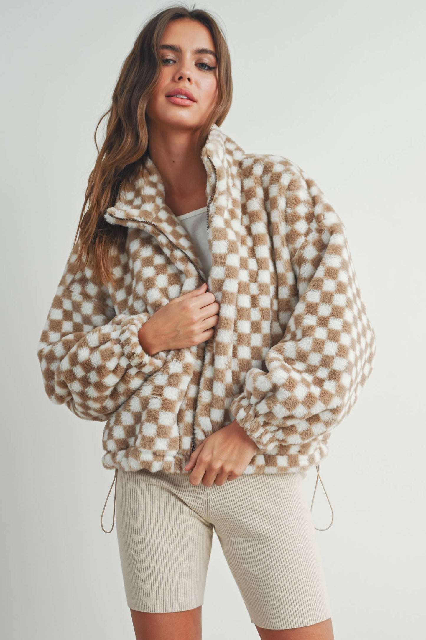 Cozy Checkered Teddy Jacket | TAUPE