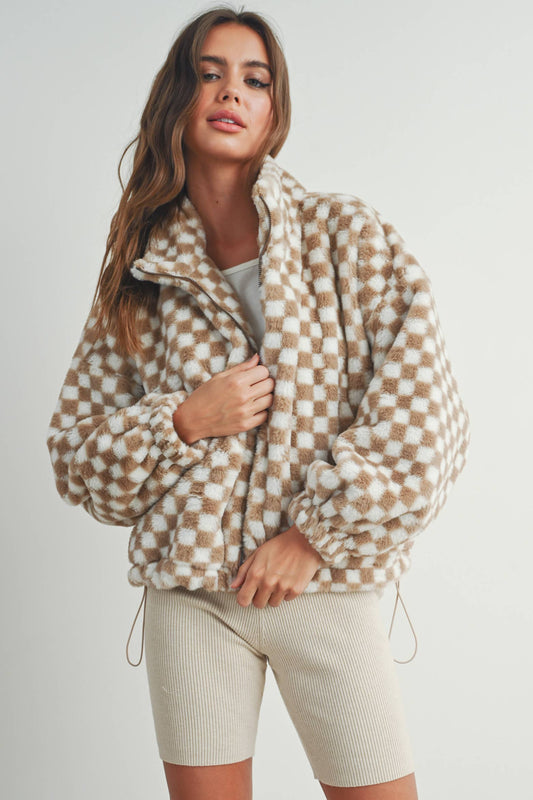 Cozy Checkered Teddy Jacket | TAUPE