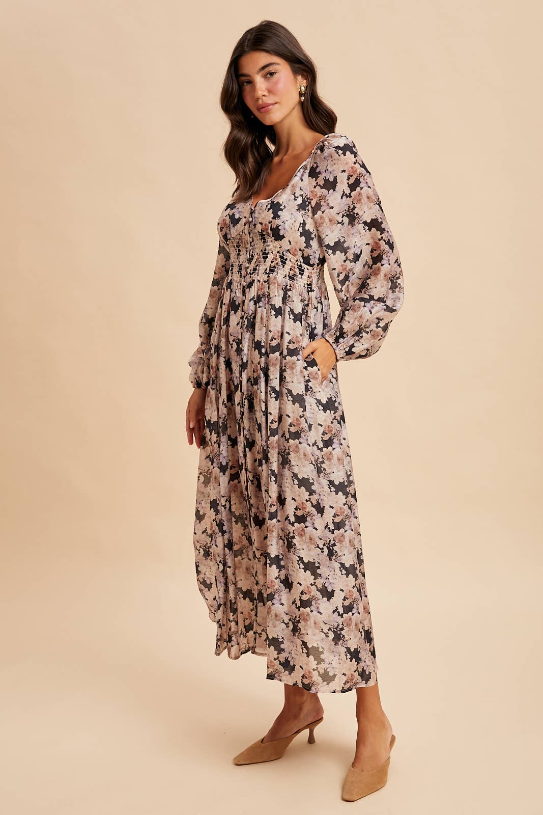 Eliana Floral Smocked Button Down Maxi Dress