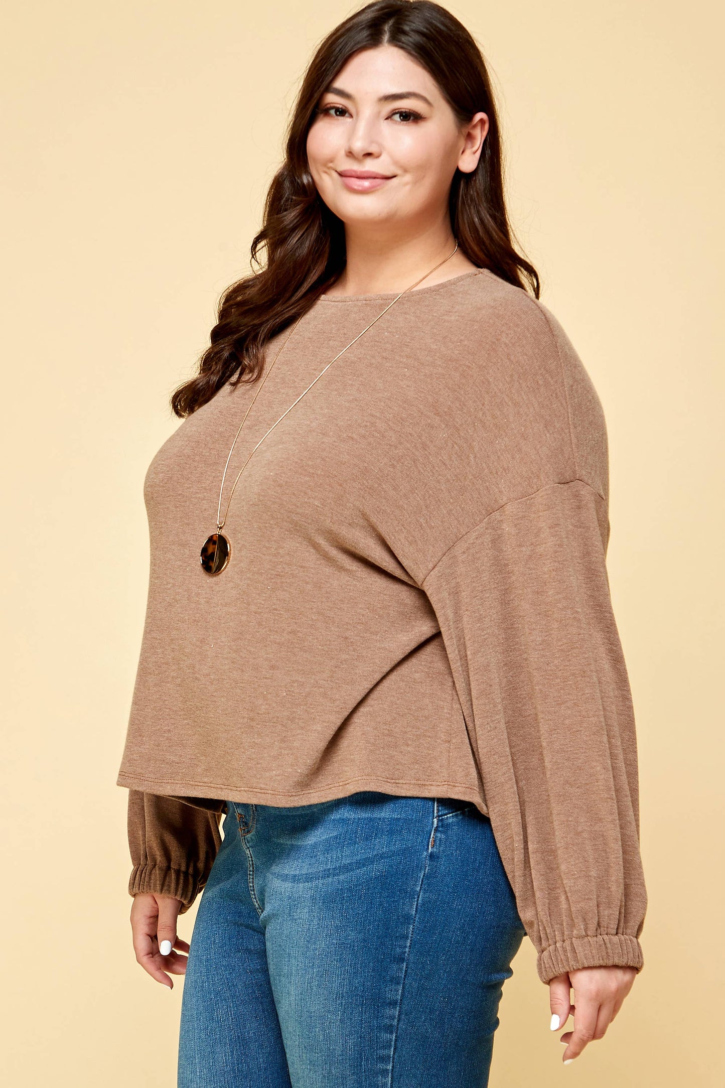 Lesley Plus Size Solid Rouched Back Top | Brown