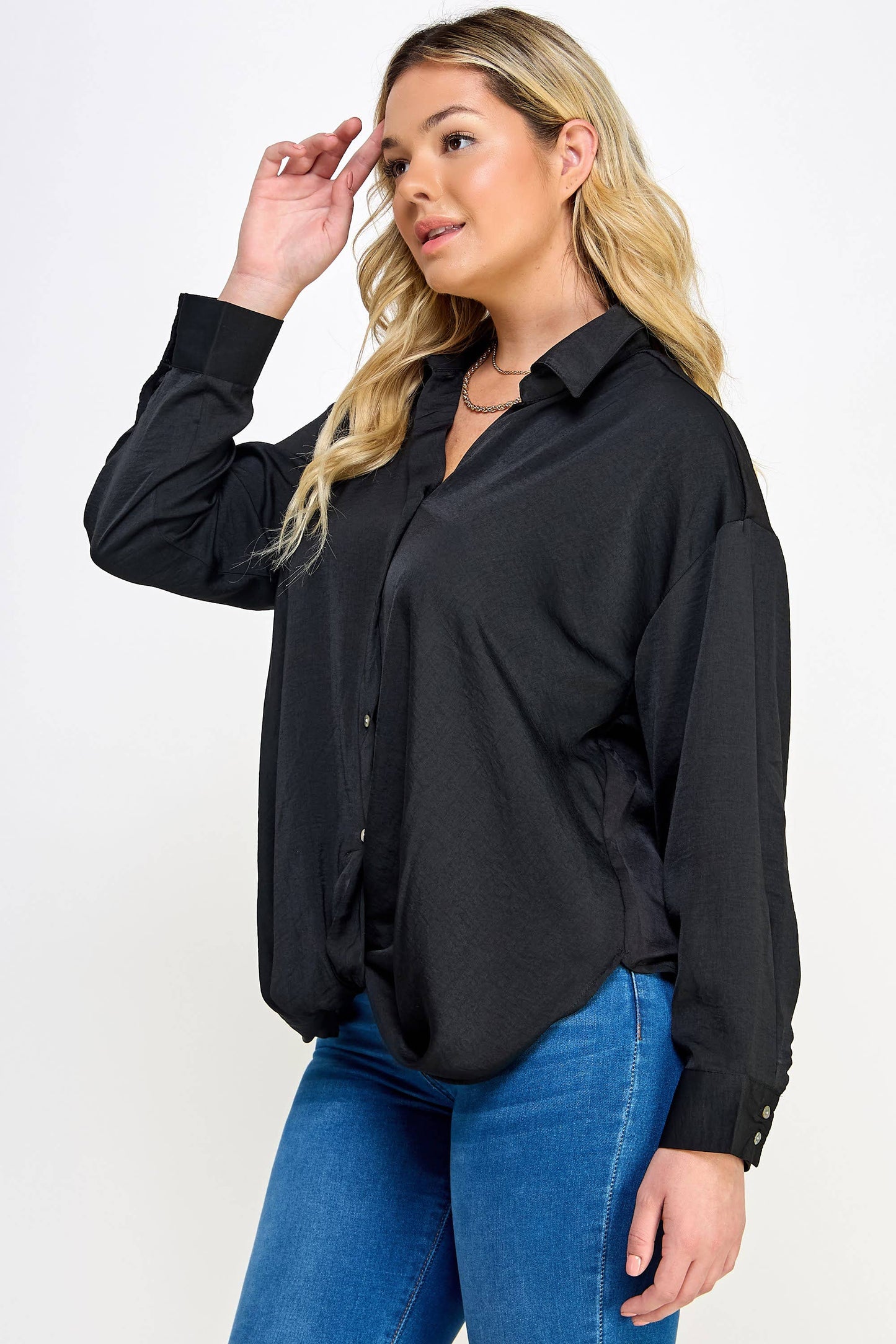 Plus Size Sabrina Satin Twist Front Shirt - Black