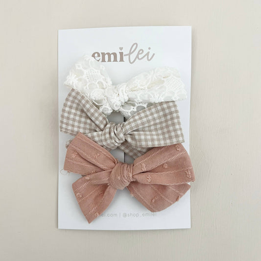 Alligator Clip Bow Set of 3 | Cream, Taupe Check + Peach