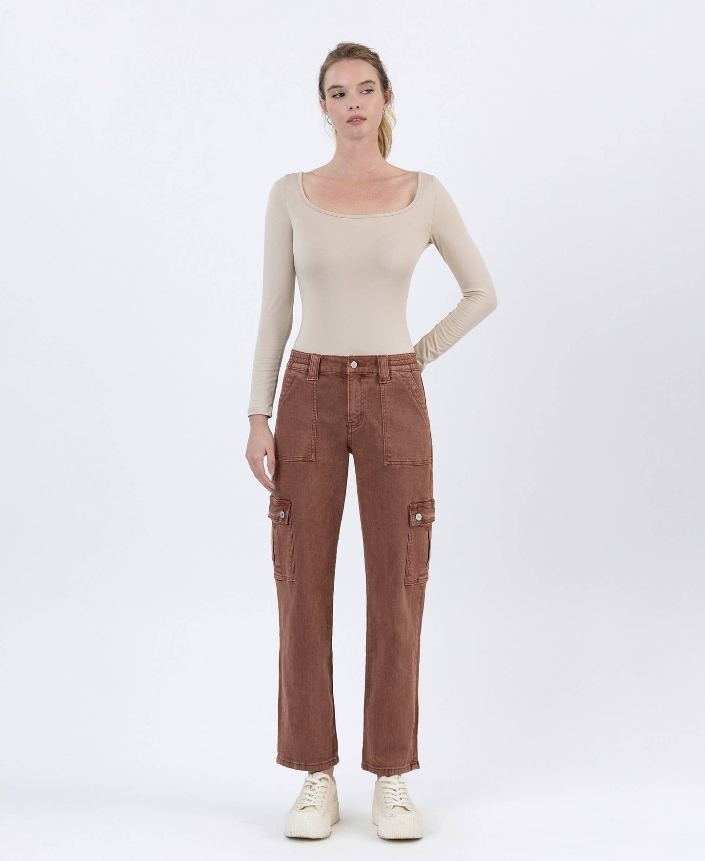 High Rise Patch Pocket Cargo Straight Jeans | Red Brick