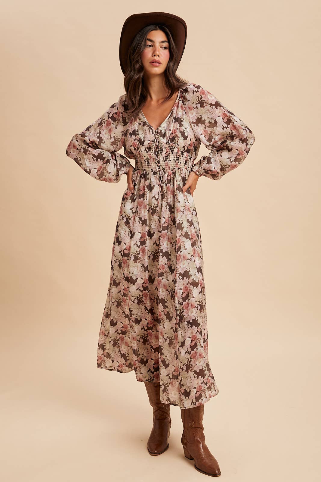 Eliana Floral Smocked Button Down Maxi Dress