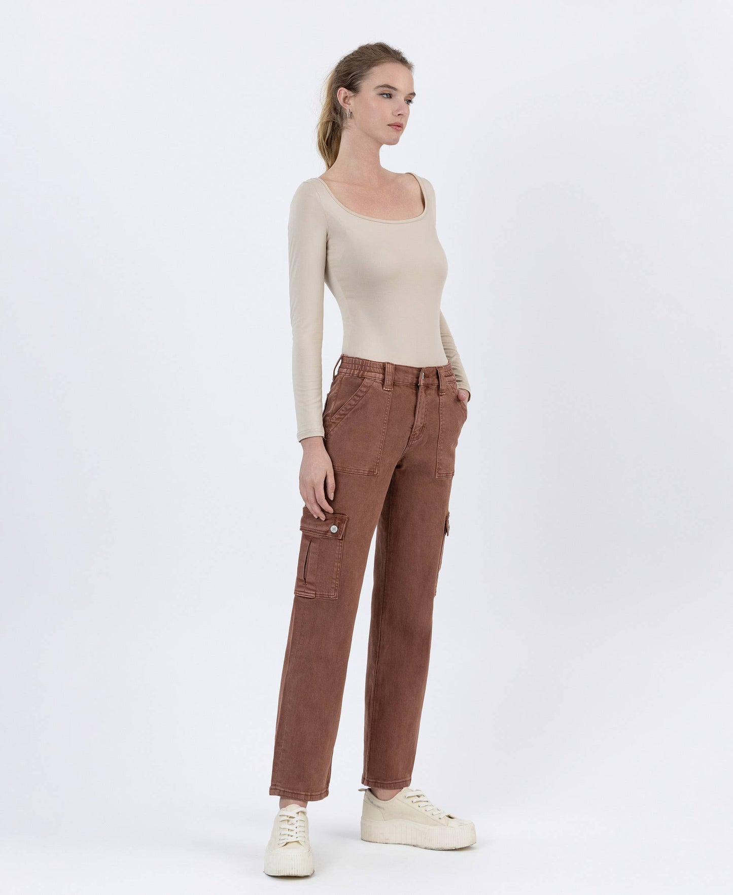 High Rise Patch Pocket Cargo Straight Jeans | Red Brick