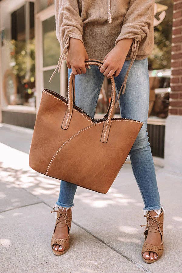 2-in-1 Stitch Trim Detail Shoulder/Tote Set Bag | Gray