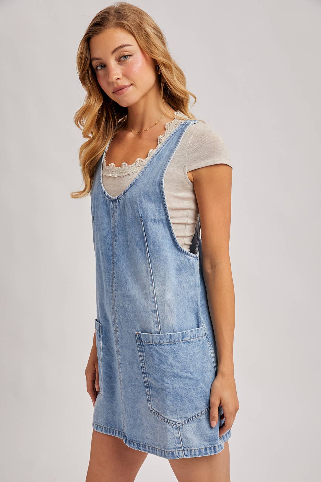 Dezzy Denim Washed Overall Pocket Dress | Light Wash