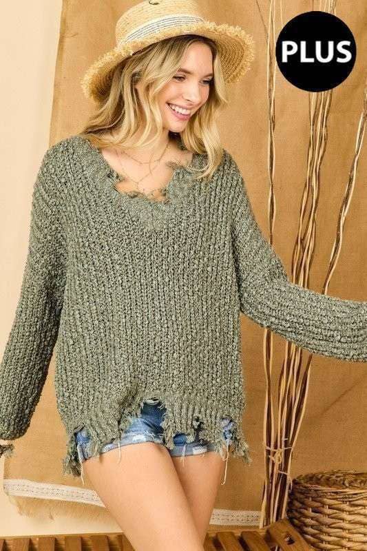 Dixie Plus Size Distressed Sweater | Olive
