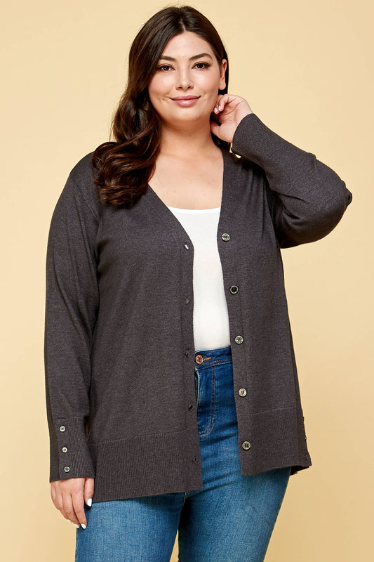 Charlie Plus Size Button Up Knit Cardigan | Charcoal