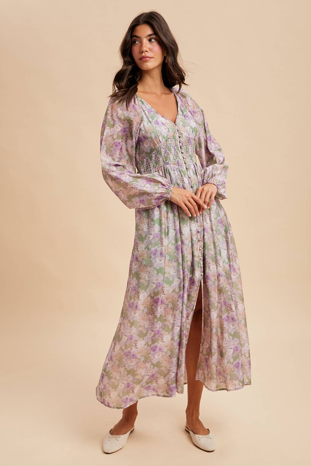 Eliana Floral Smocked Button Down Maxi Dress