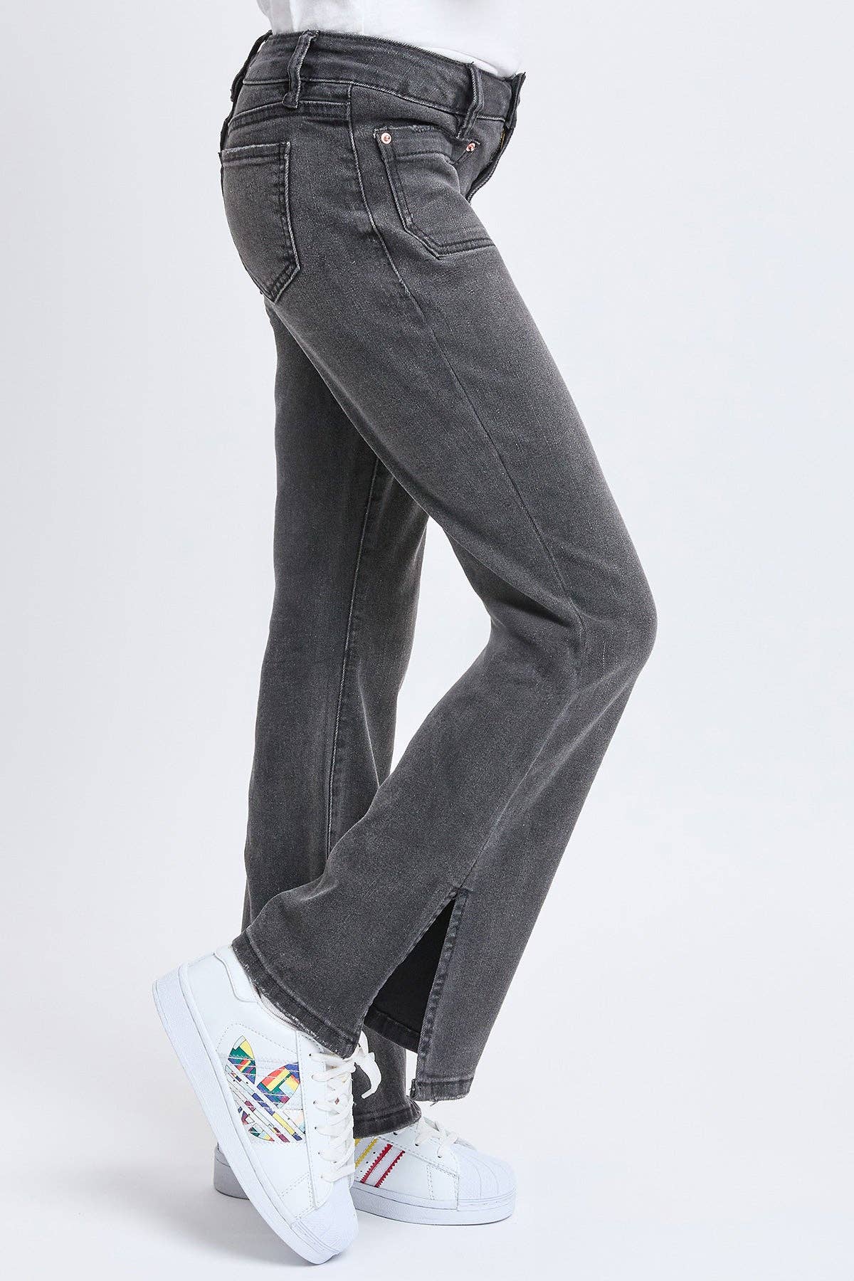 Girls Flare Front Patch Pocket Side Slit Hem Jeans | Black