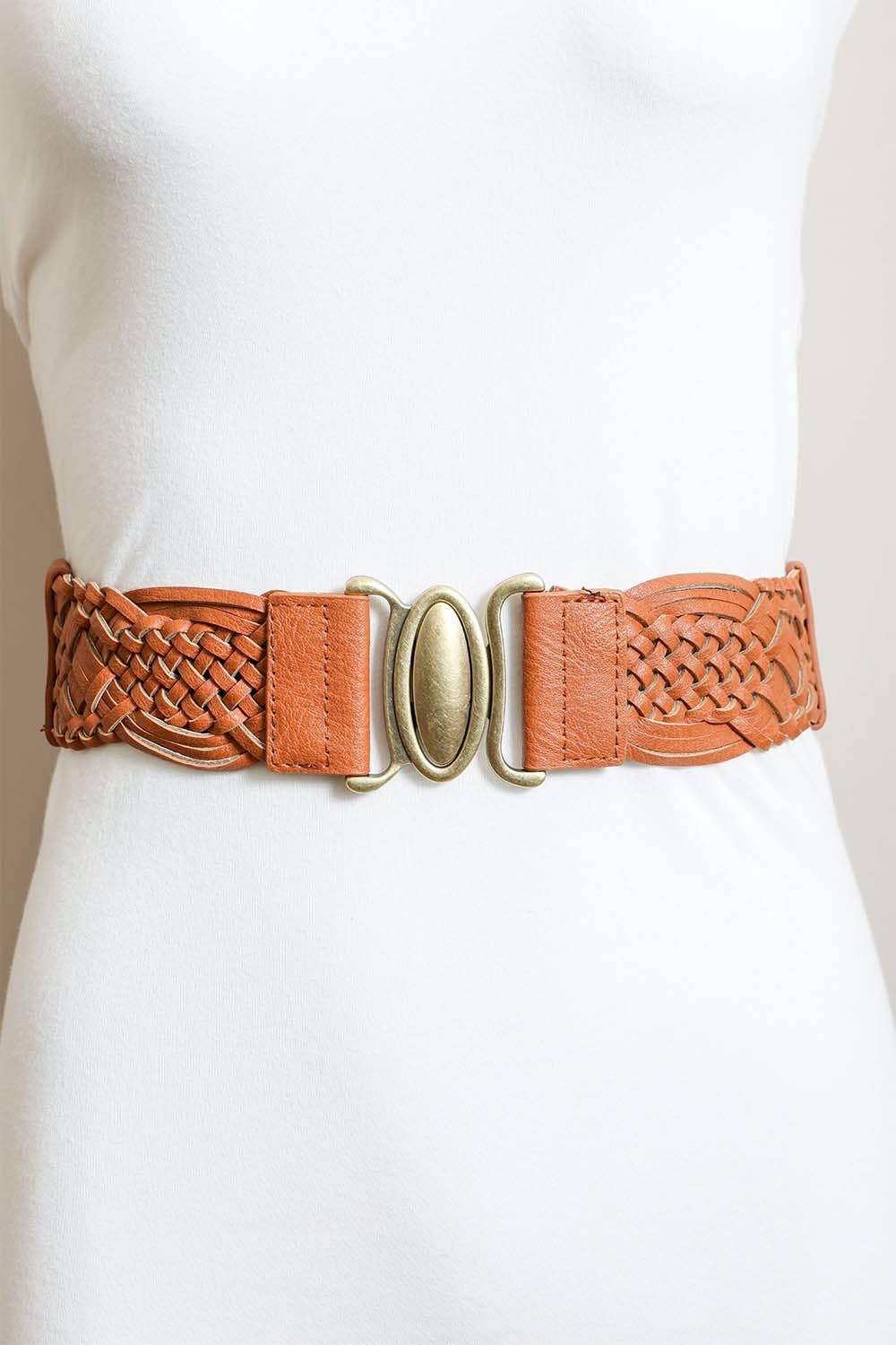 Oval Buckle Braided Elastic Belt | Camel