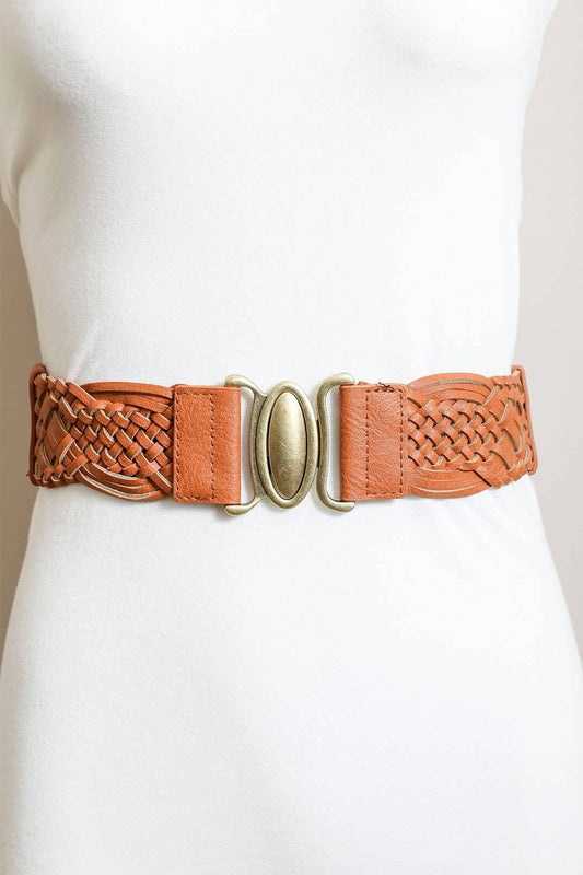 Oval Buckle Braided Elastic Belt | Camel