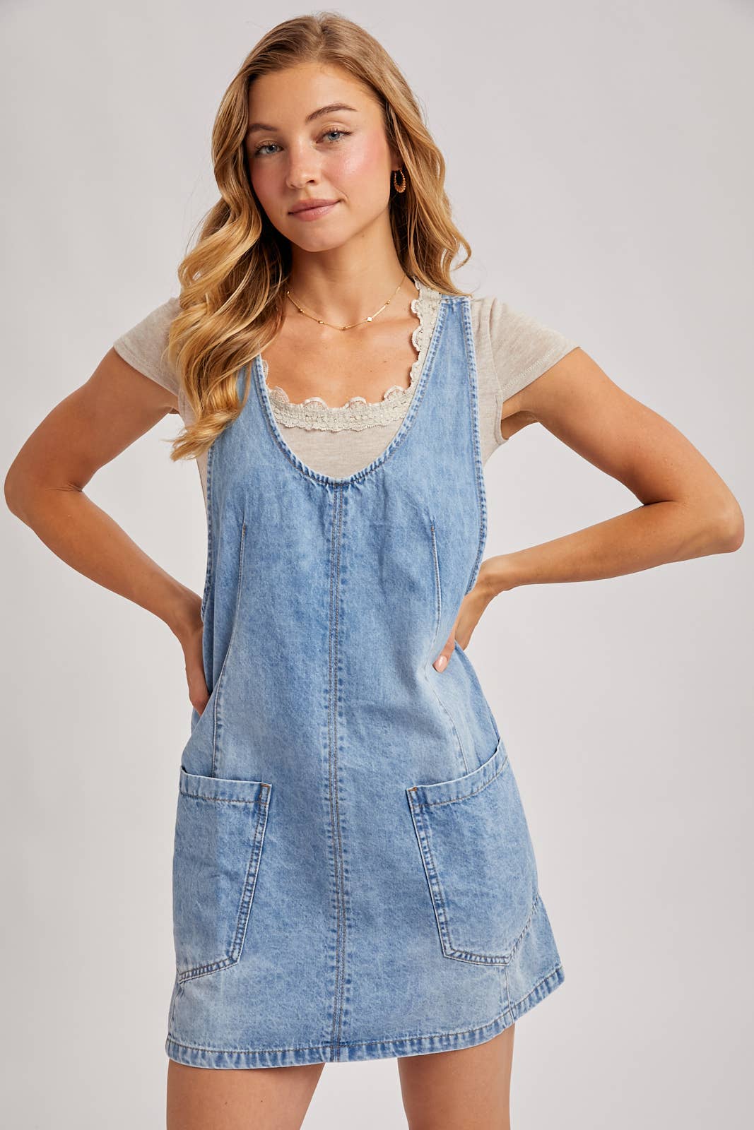 Dezzy Denim Washed Overall Pocket Dress | Light Wash