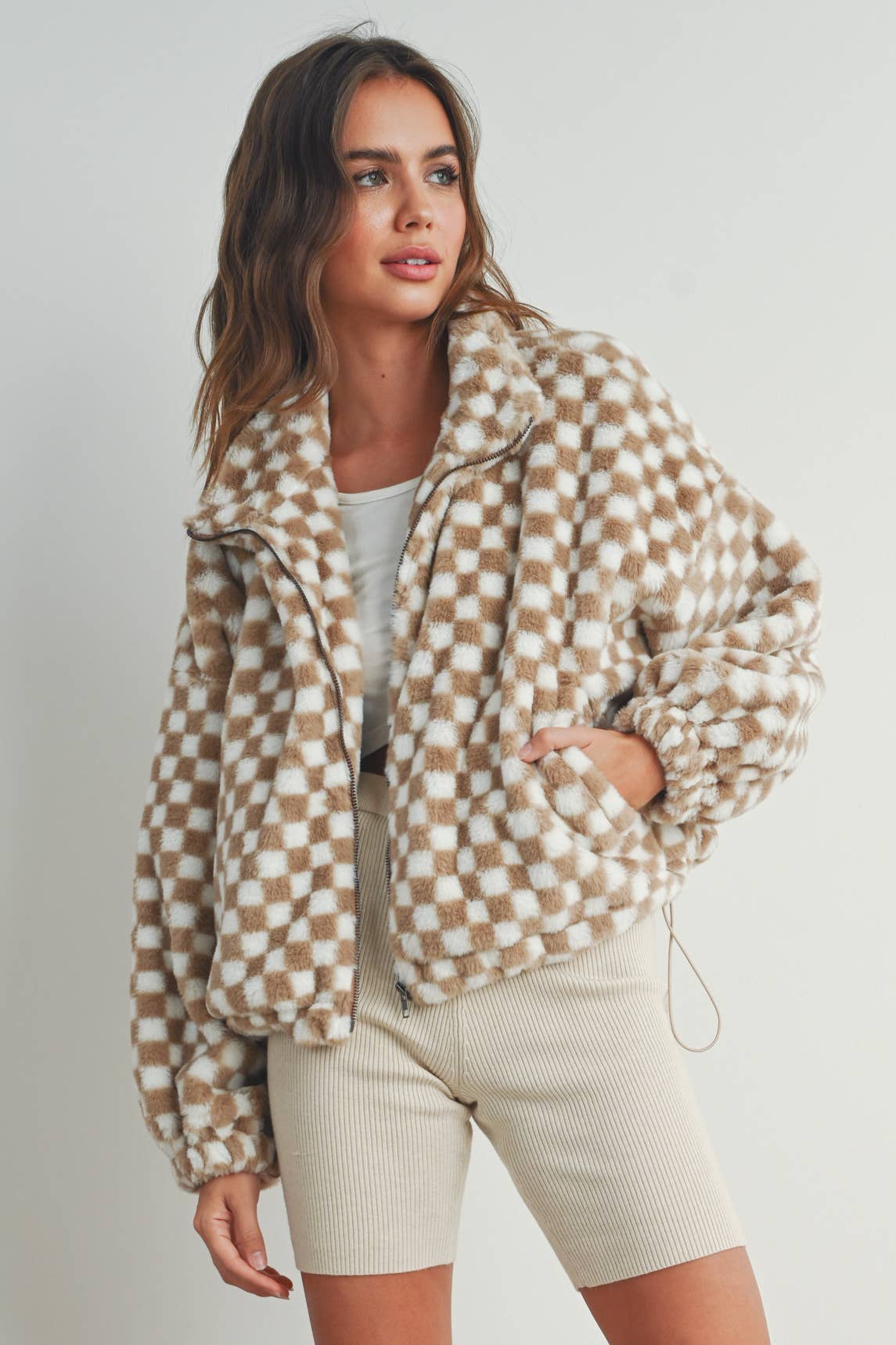 Cozy Checkered Teddy Jacket | TAUPE
