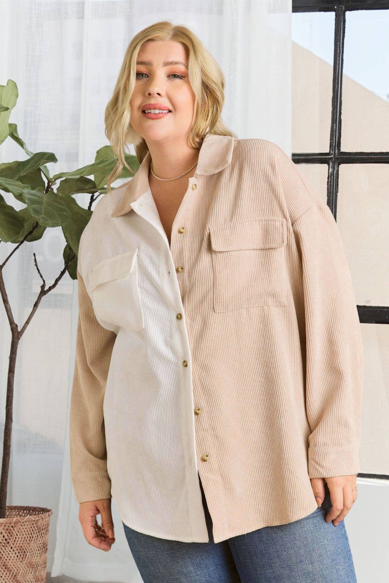 Oakley Plus Size Colorblock Shacket | Olive + White