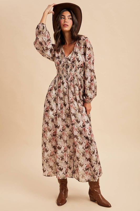 Eliana Floral Smocked Button Down Maxi Dress