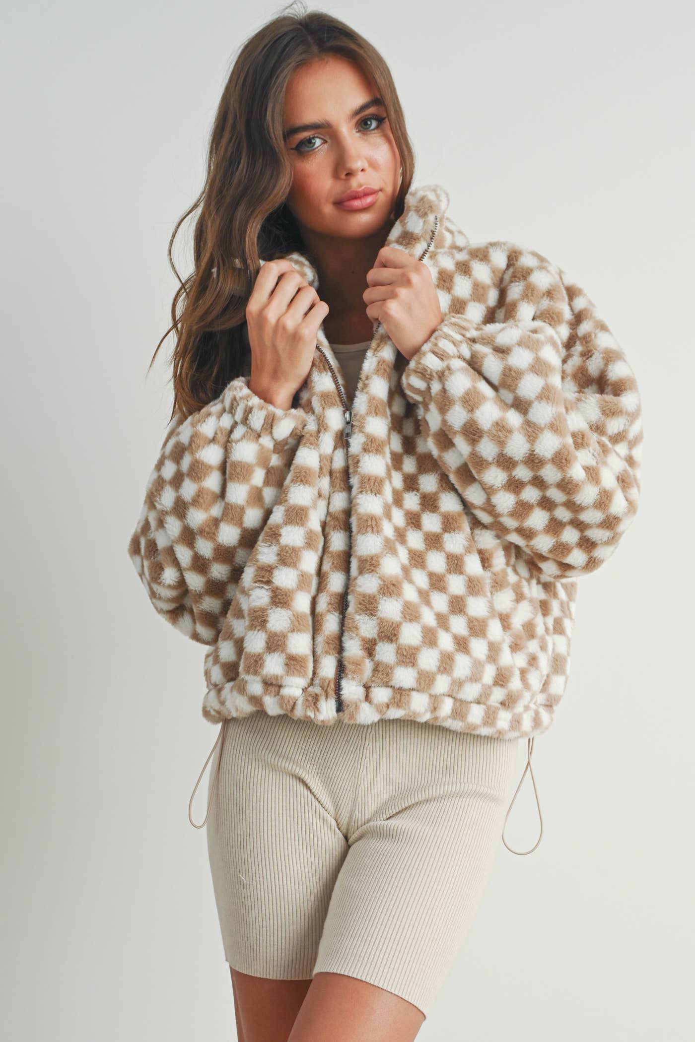 Cozy Checkered Teddy Jacket | TAUPE