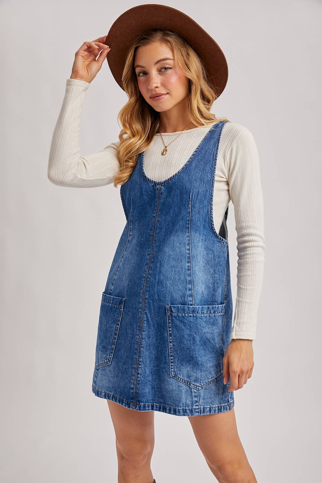 Dezzy Denim Washed Overall Pocket Dress | Light Wash