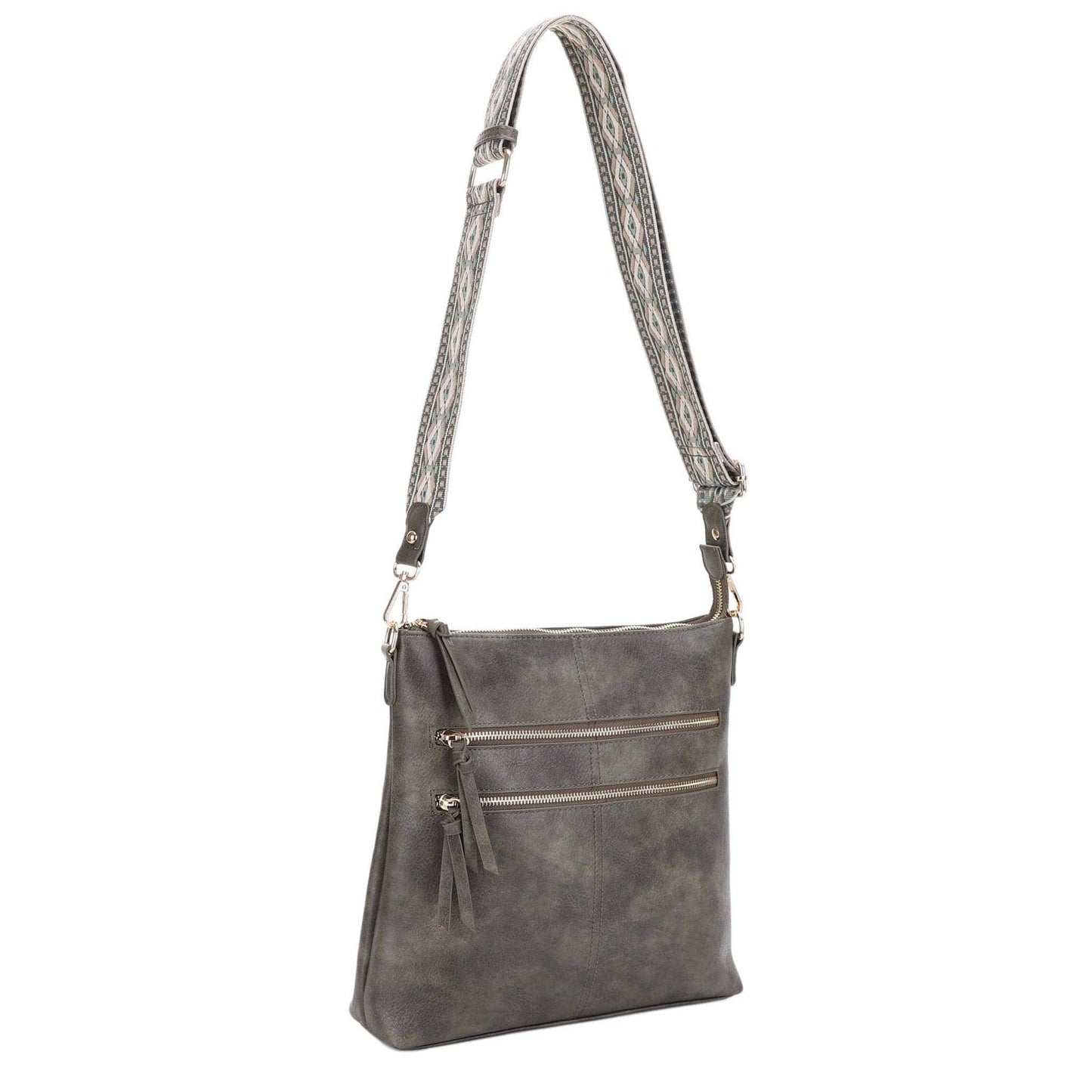 Yeni Double Front Zip Crossbody Bag With Guitar Strap | Black